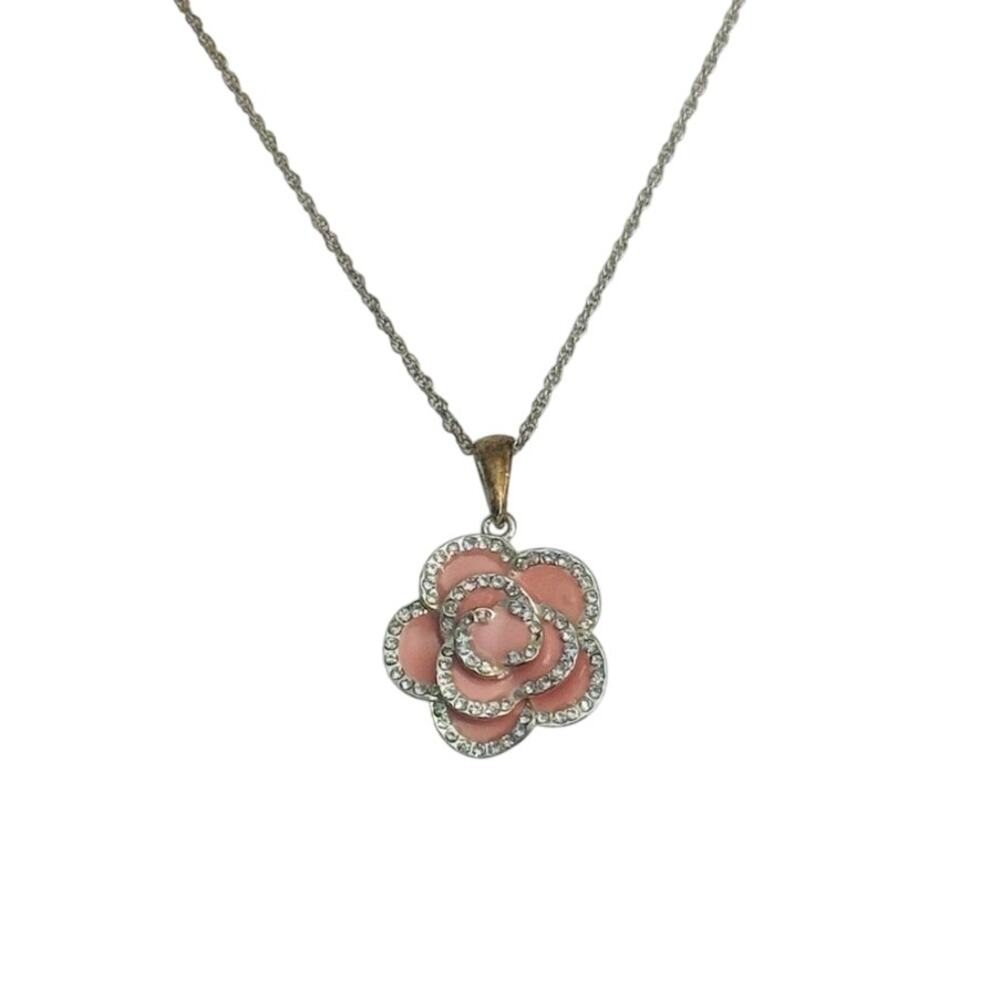 Roman RMN Pink Enamel and Rhinestones Flower Silver Toned Pendant Signed